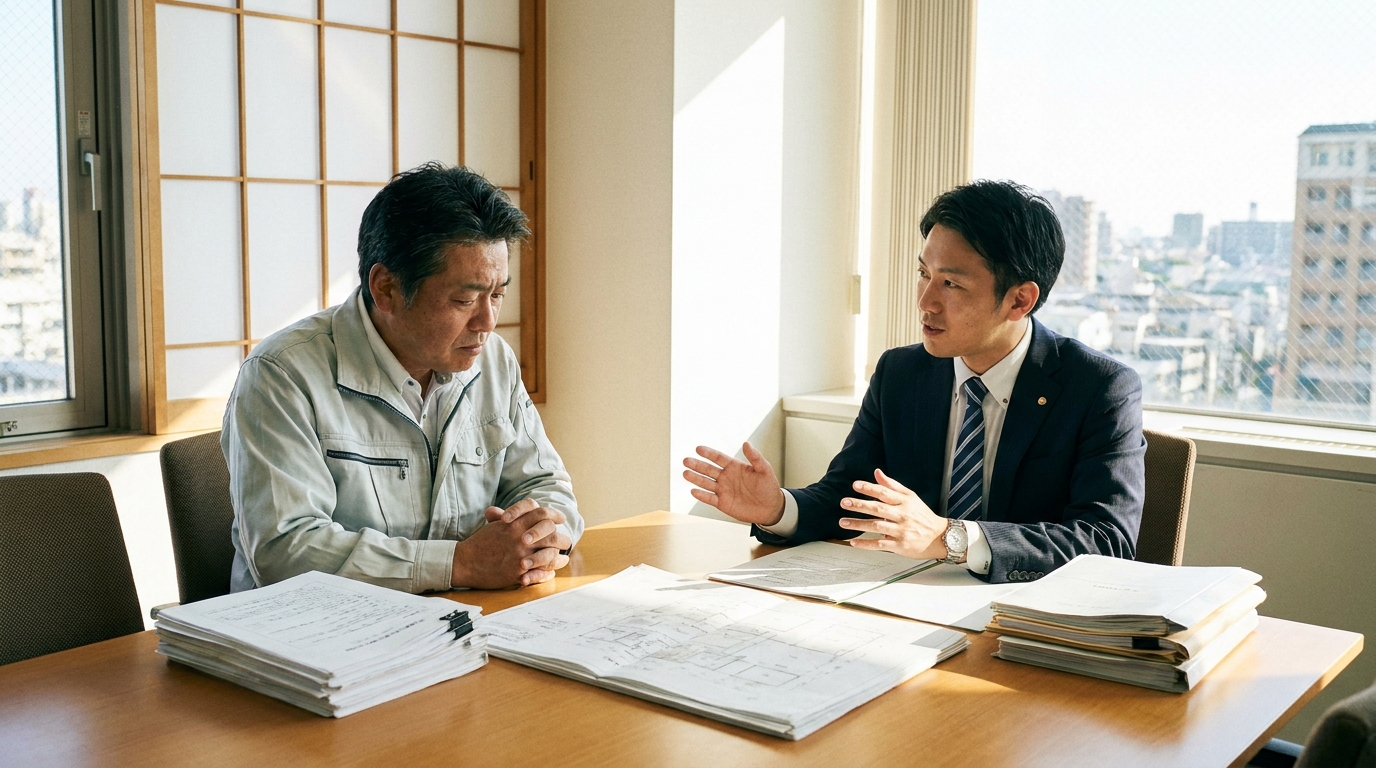 建設業許可の経験証明について行政書士に相談する建設会社の社長