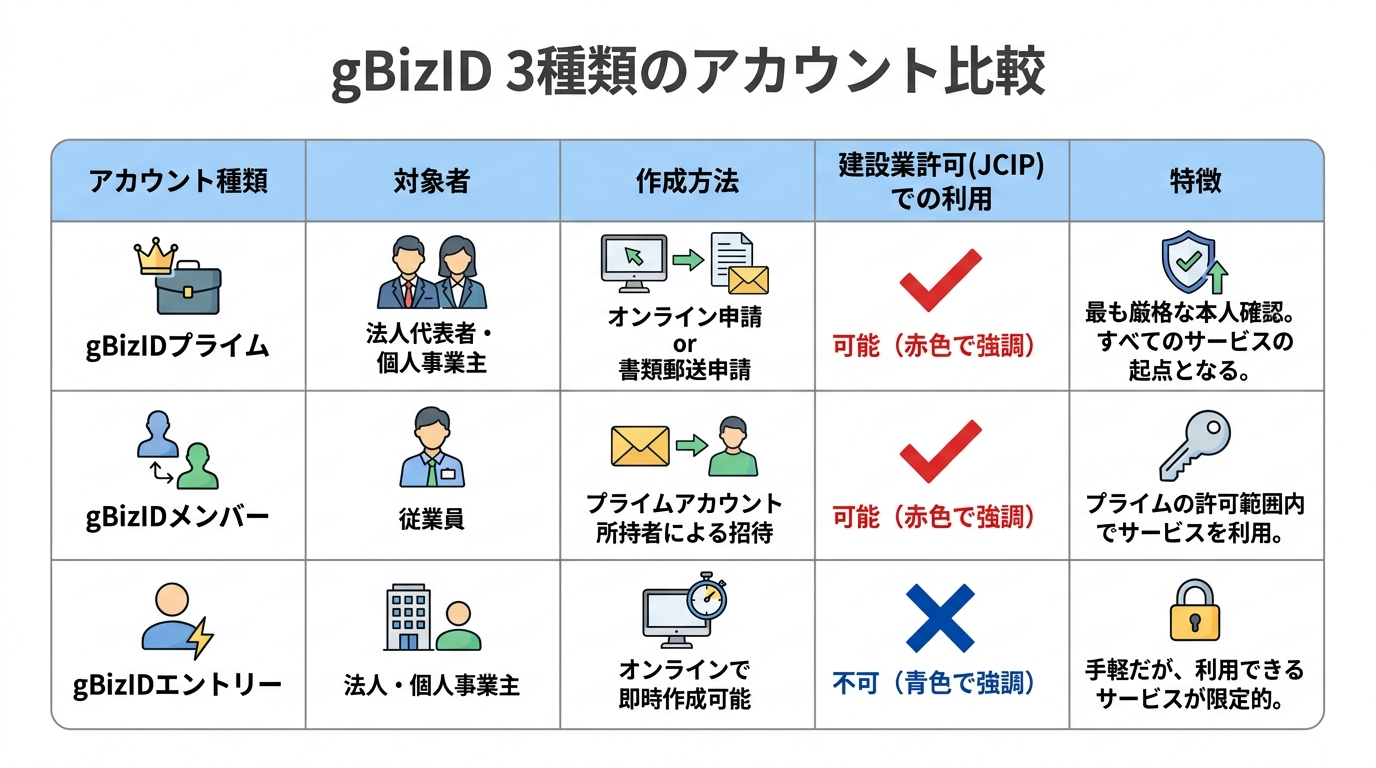 gBizIDの3種類のアカウント「プライム」「メンバー」「エントリー」を対象者、作成方法、建設業許可申請での利用可否、特徴の観点から比較した表形式の図解。