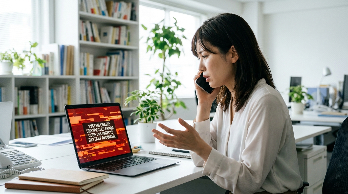 ノートパソコンのエラー画面を見て困った表情で電話をかけるオフィスの女性。JCIP電子申請でエラーが発生した際のトラブルシューティングを象徴する画像。