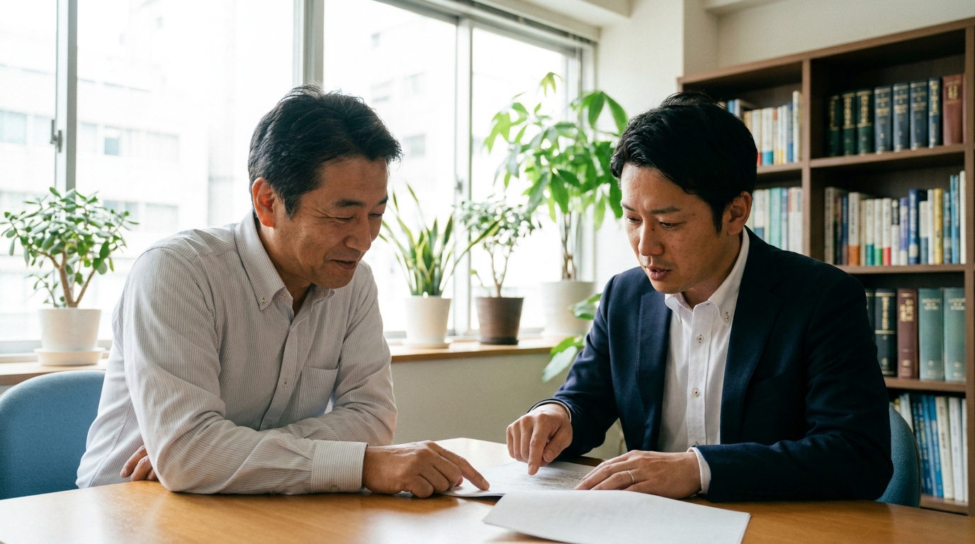 建設業許可について不安を感じる経営者が、専門家である司法書士・行政書士に相談し、アドバイスを受けている安心感のある場面。