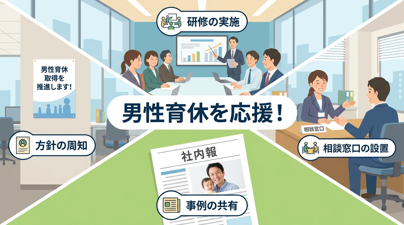 男性が育休を取りやすい雇用環境整備措置の具体例を示すイラスト。研修の実施、相談窓口の設置、事例の共有、方針の周知という4つの取り組みが描かれている。