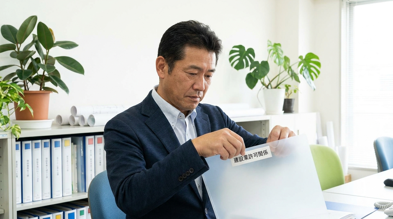 建設業許可通知書を紛失しないよう、専用ファイルで大切に保管している様子。書類管理の重要性を示している。
