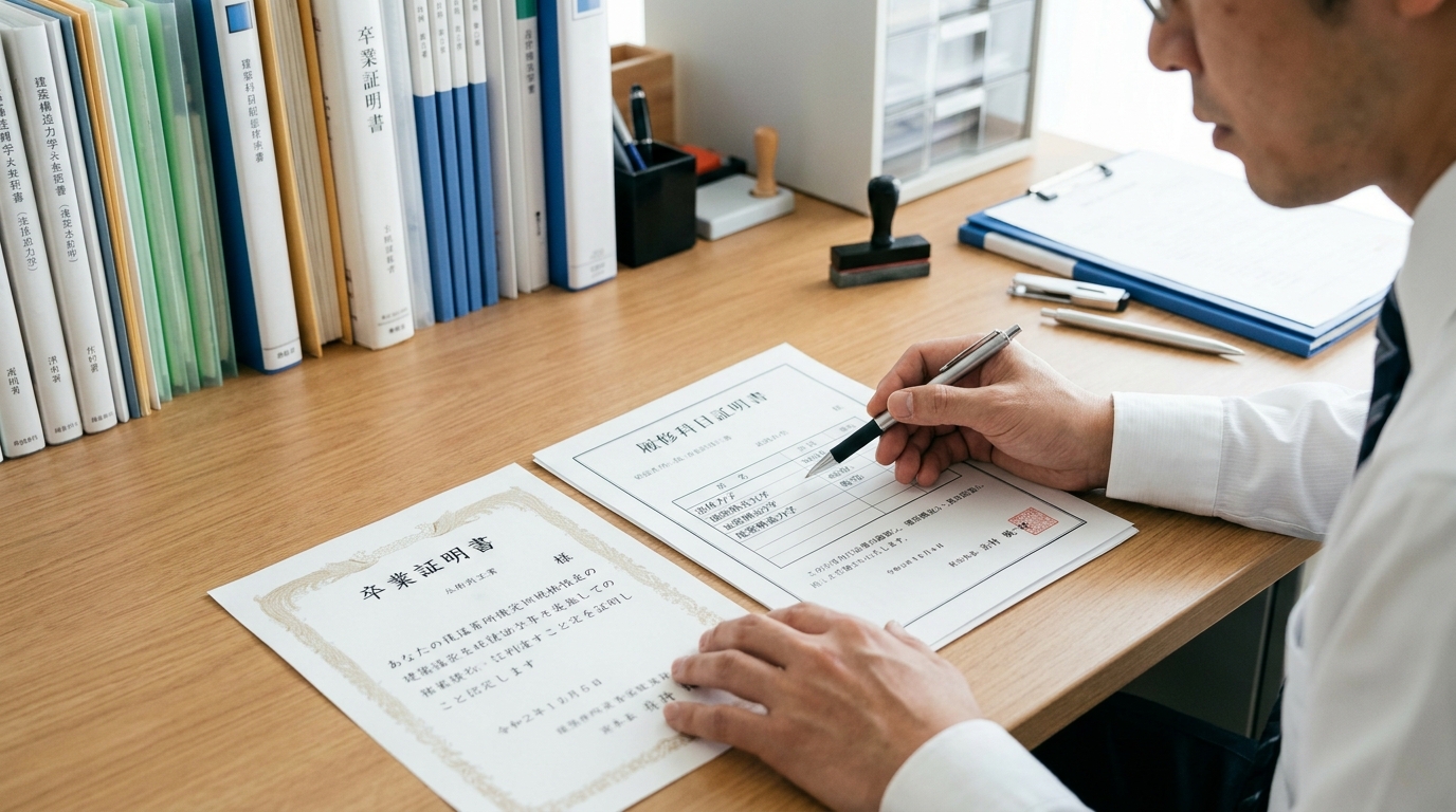 行政書士が建設業許可申請のため、卒業証明書と履修科目証明書を確認している様子。専門的な判断の重要性を示唆している。