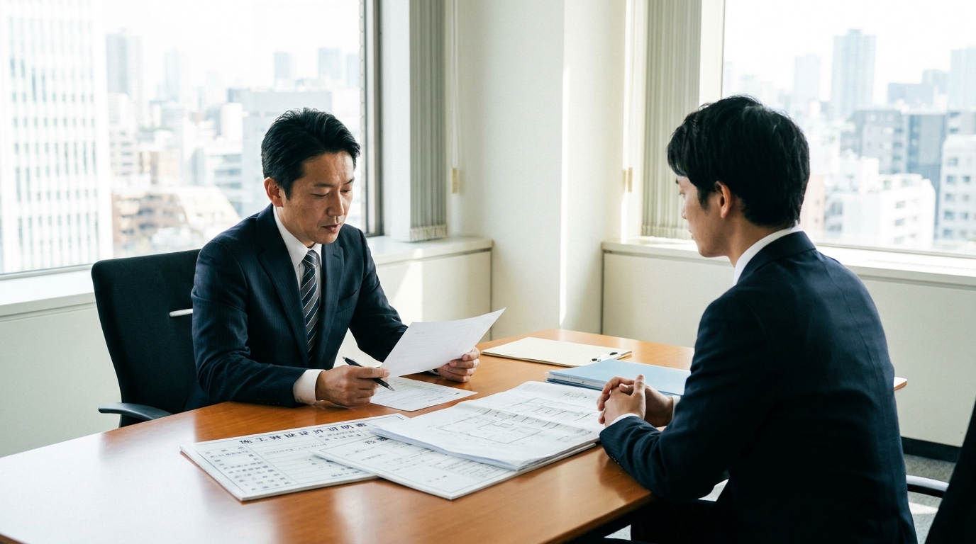 建設業許可の専任技術者候補の採用面接で、経営者が応募者の経歴を真剣に確認している様子。