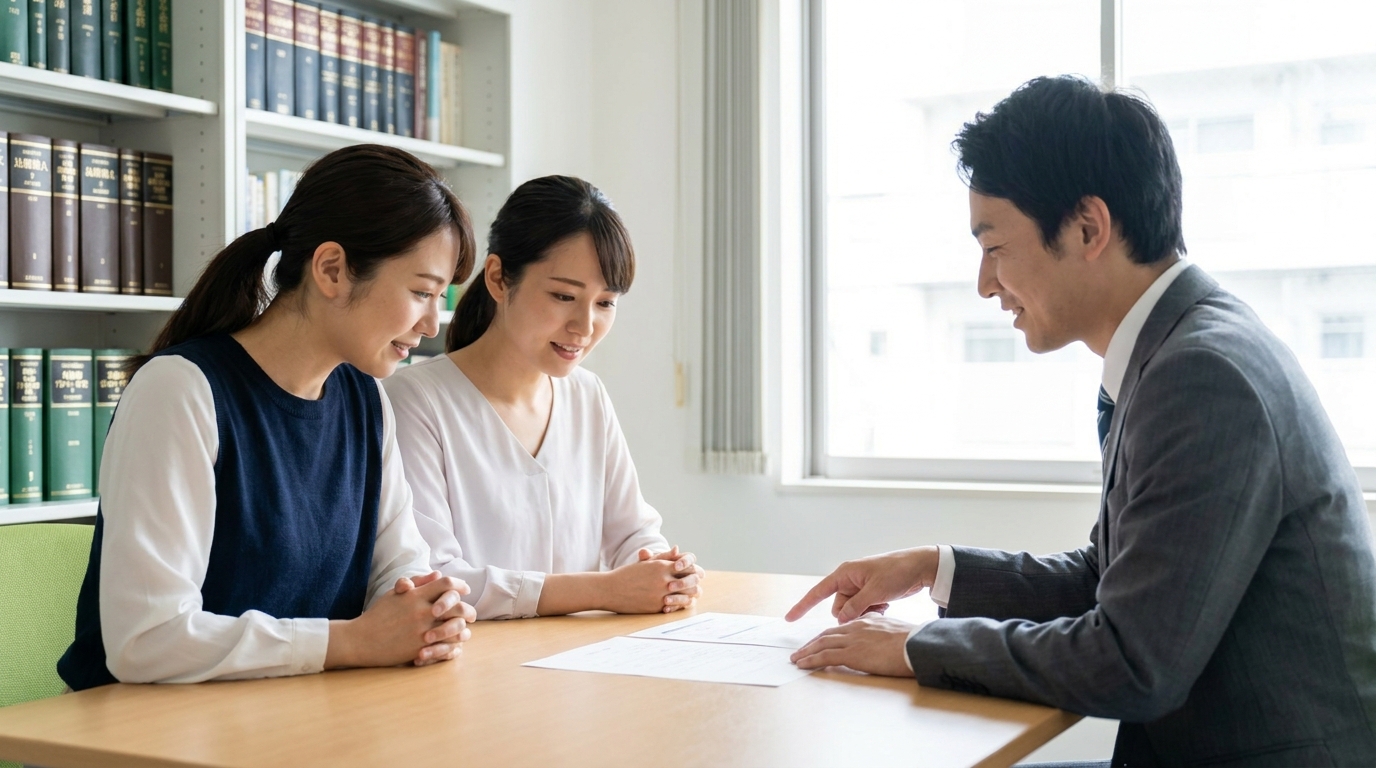 専門家が建設業を営む夫婦に社会保険と建設業許可の関係について説明している相談風景。真剣ながらも和やかな雰囲気で、問題解決への道筋が見えている様子。