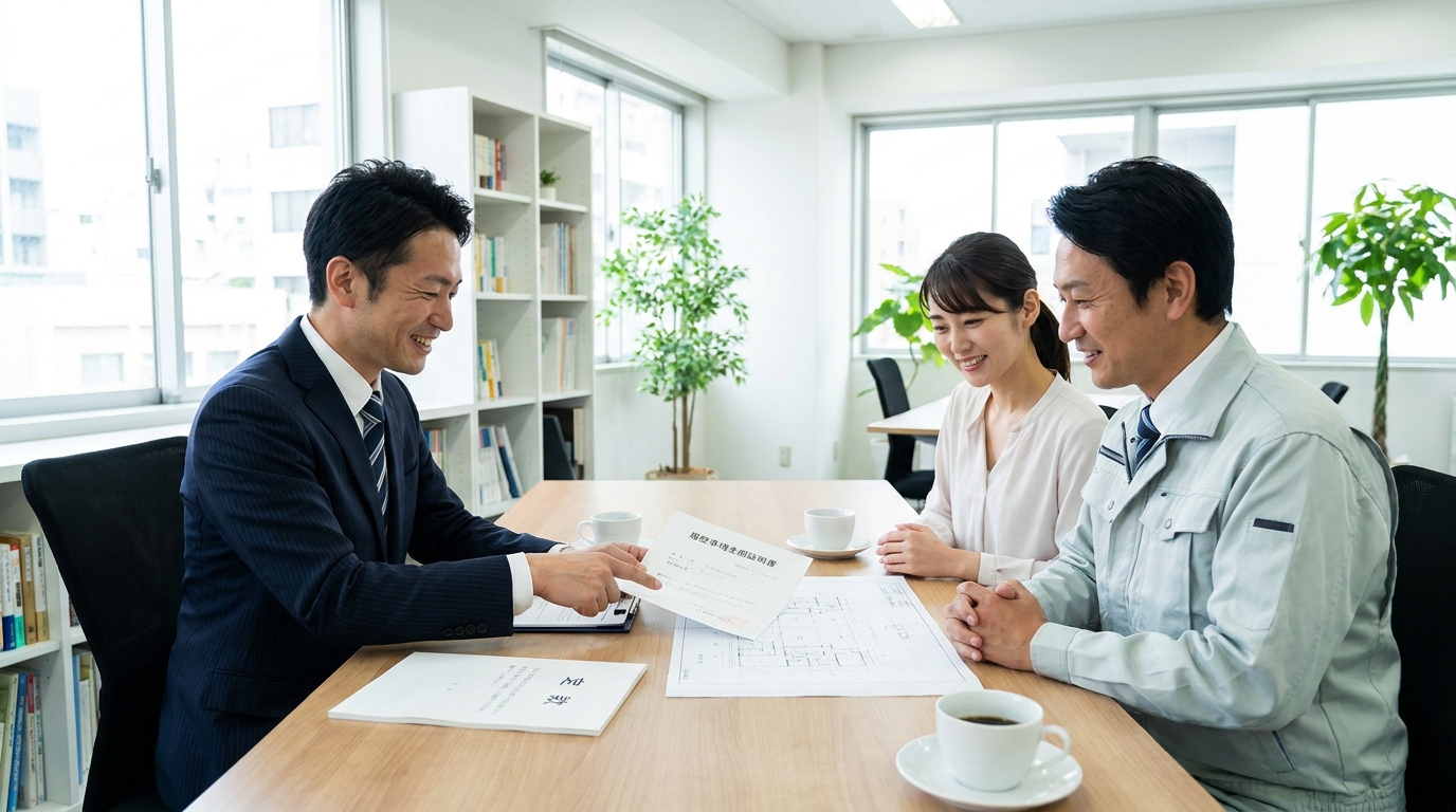 司法書士に役員登記について相談する建設会社の社長夫妻。専門家からの説明に安心している様子。