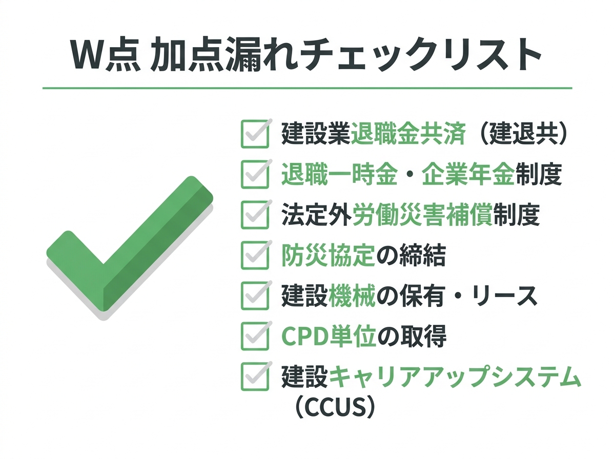 経審のW点(社会性等)で加点漏れを防ぐためのチェックリスト。建退共、法定外労災、防災協定、建設機械の保有など、確認すべき項目がリストアップされている。