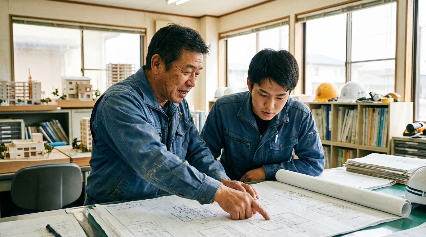 建設会社のオフィスで、ベテラン技術者からマンツーマンで指導を受ける若手社員。企業のOJTや技術承継の様子を表現。