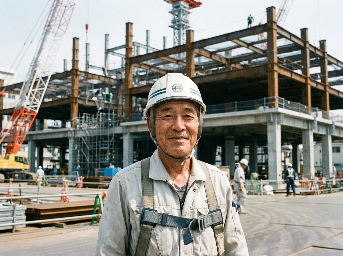 建設現場で働くベテランの高齢男性作業員。70歳以上の従業員がいる場合の社会保険の特殊性を象徴する画像。