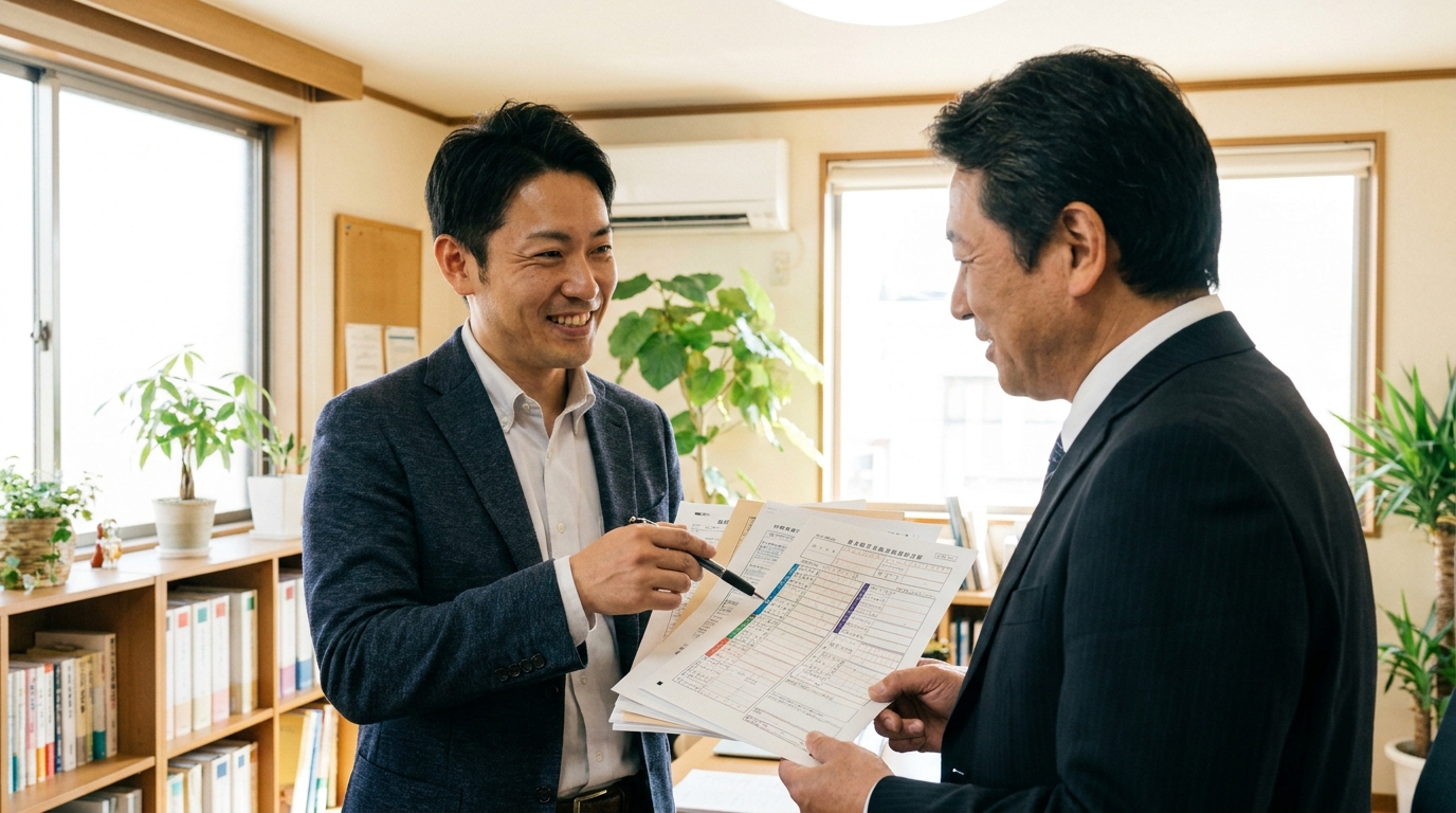 行政書士が相談者から確定申告書や登記簿謄本などの資料を受け取り、建設業許可について説明している。