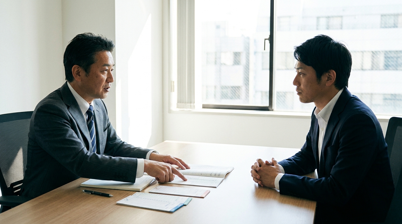 社会保険労務士が賃金台帳やタイムカードを見ながら、経営者に助成金申請の注意点を説明している様子。