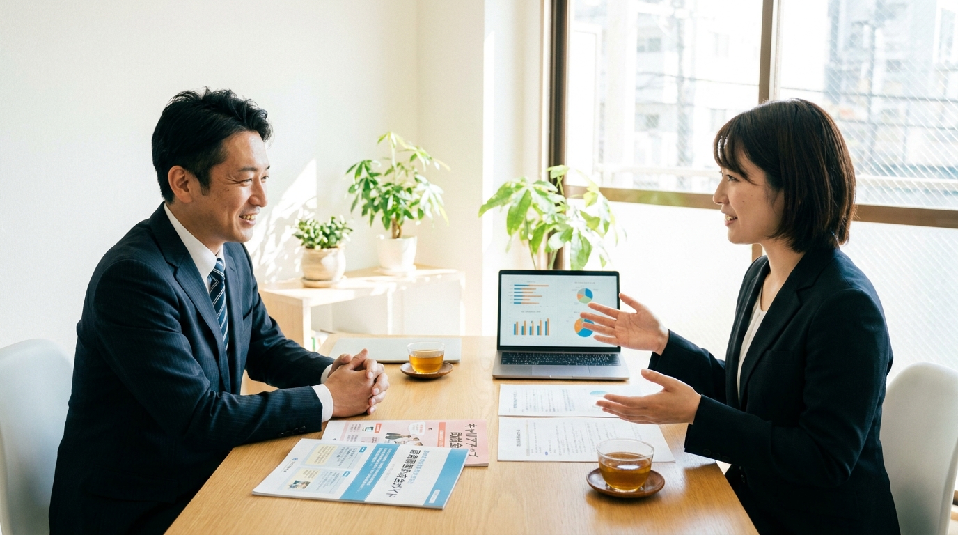 社会保険労務士に助成金申請について相談する中小企業の社長。専門家に相談することで問題を解決し、安心している様子。