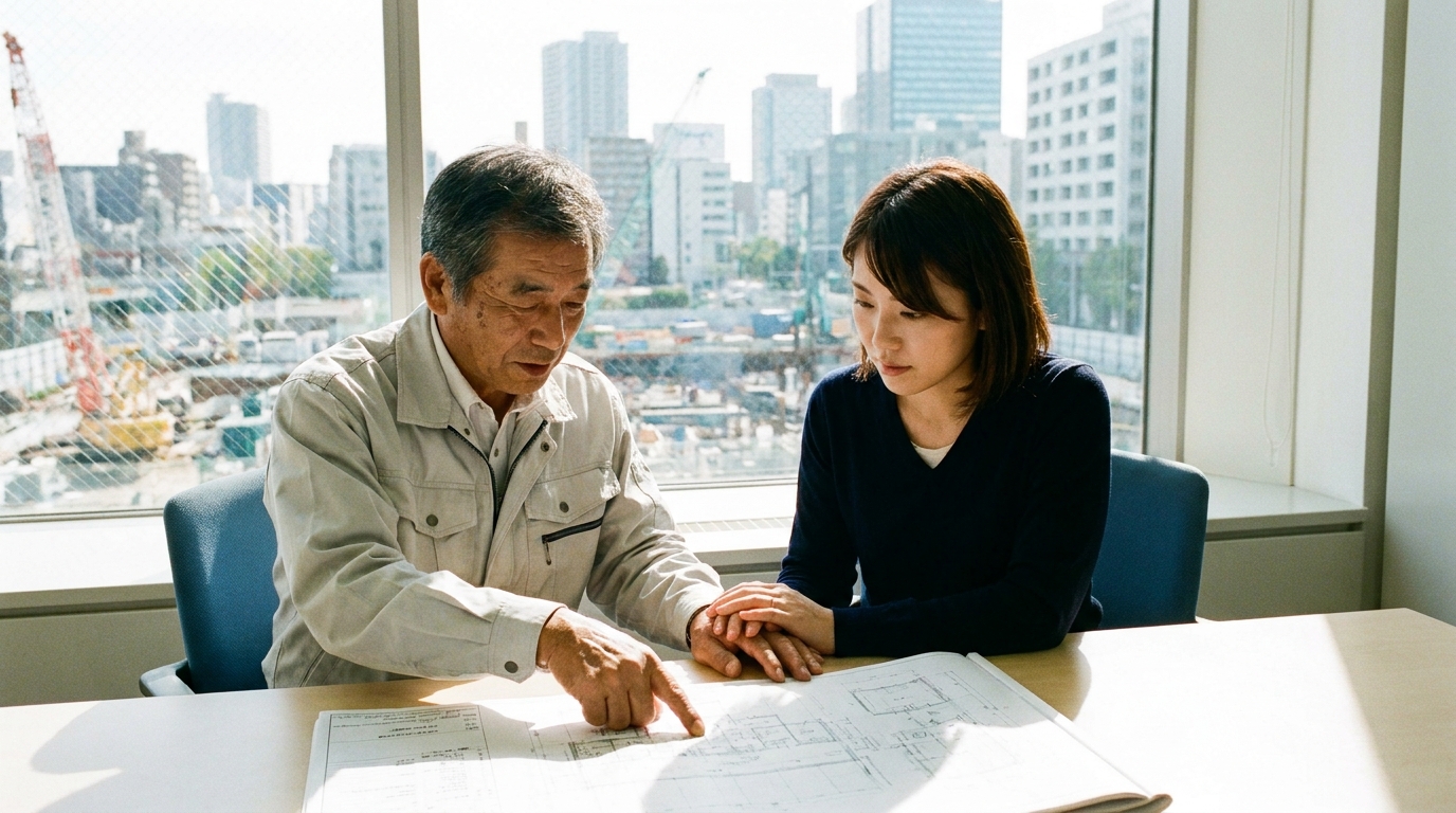 事業承継の準備として、父親である経営者から後継者である娘へ業務の引継ぎが行われている様子