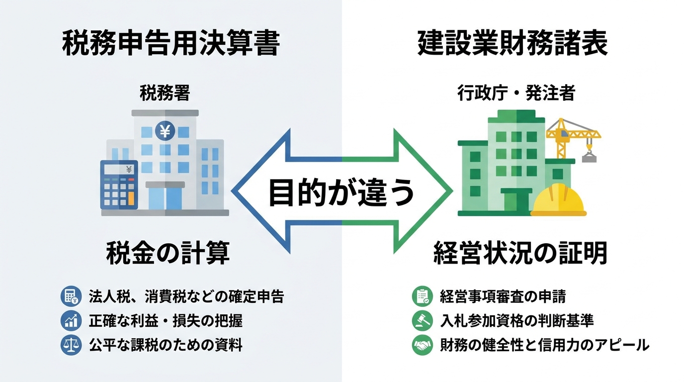 税務申告用の決算書と建設業許可用の財務諸表の目的の違いを比較した図解。税務用は税金計算、建設業用は経営状況の証明が目的であることを示している。