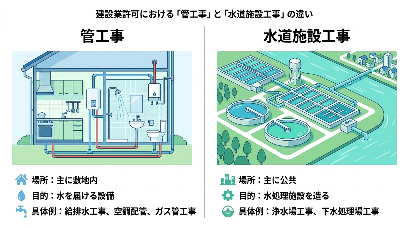 管工事と水道施設工事の違いを図解したインフォグラフィック。管工事は敷地内の配管工事、水道施設工事は公共の水処理施設工事であることが示されている。