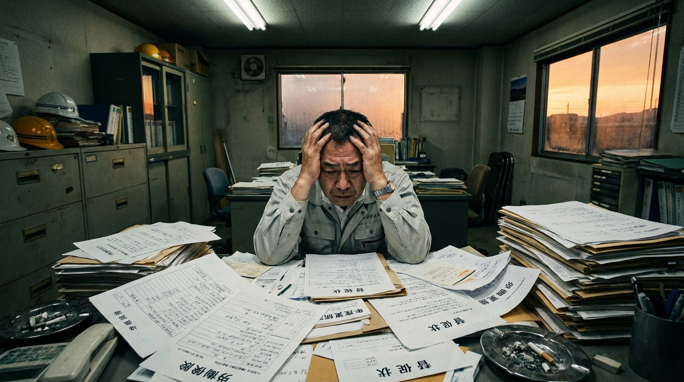 事務員退職後、労働保険の書類の山を前に頭を抱える建設会社の社長