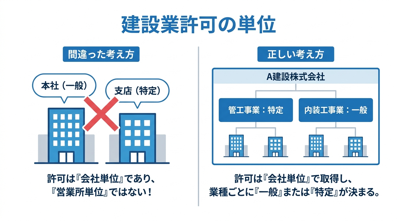 建設業許可が営業所単位ではなく「会社×業種」単位であることを示す図解。左に誤解例、右に正しい許可の考え方が描かれている。