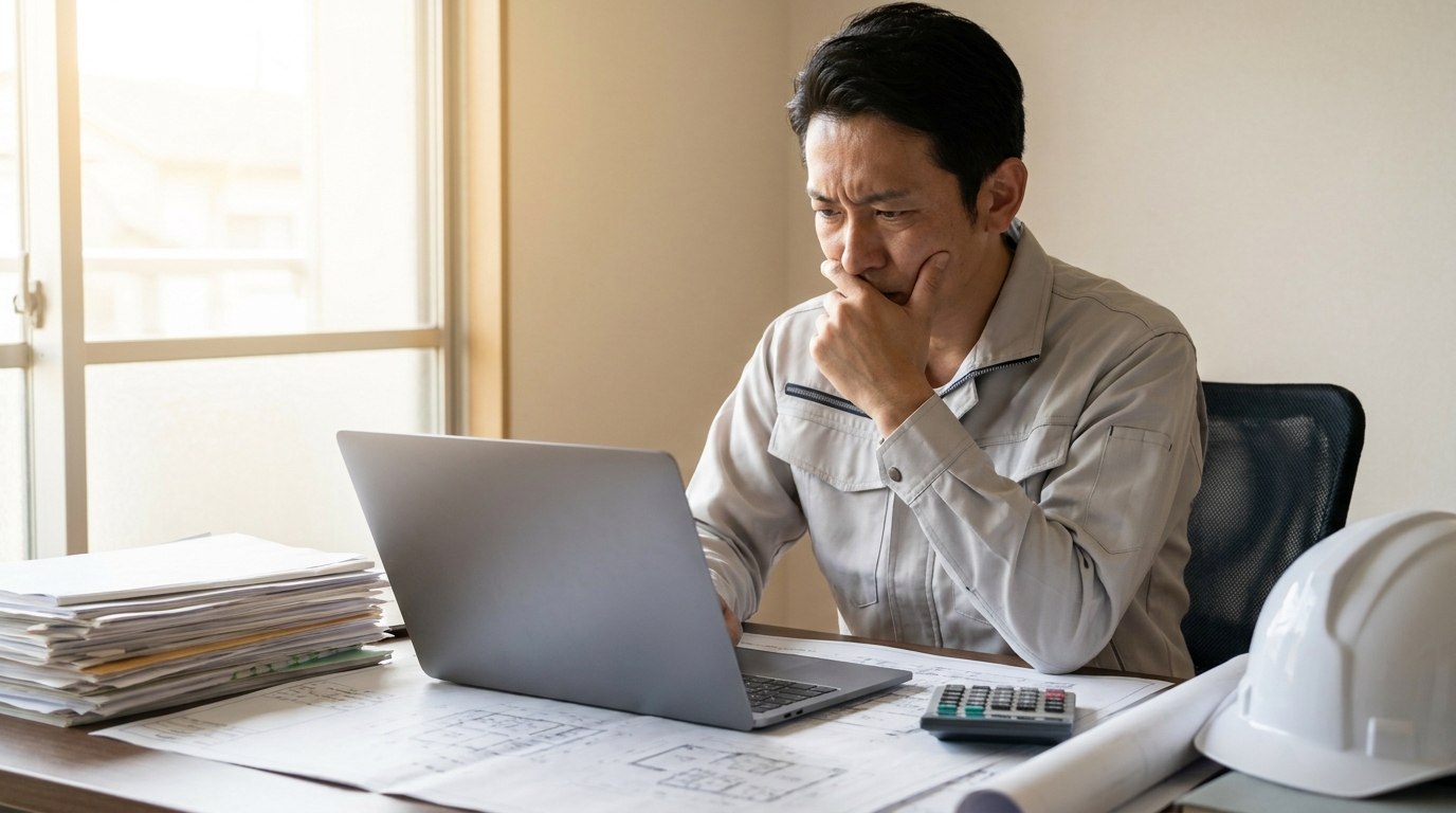 現在の行政書士の対応に不満を抱え、パソコンの前で悩む建設業の経営者