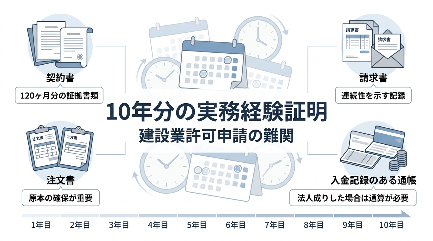建設業許可における10年分の実務経験証明の難しさを表す図解。契約書や請求書など必要書類のアイコンが描かれている。