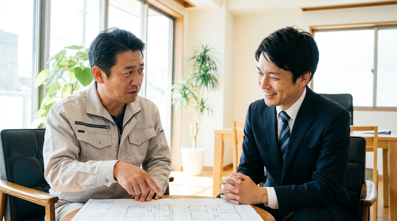 建設業許可の業種判断について専門家に相談する給排水設備会社の社長。工事内容について話し合っている。