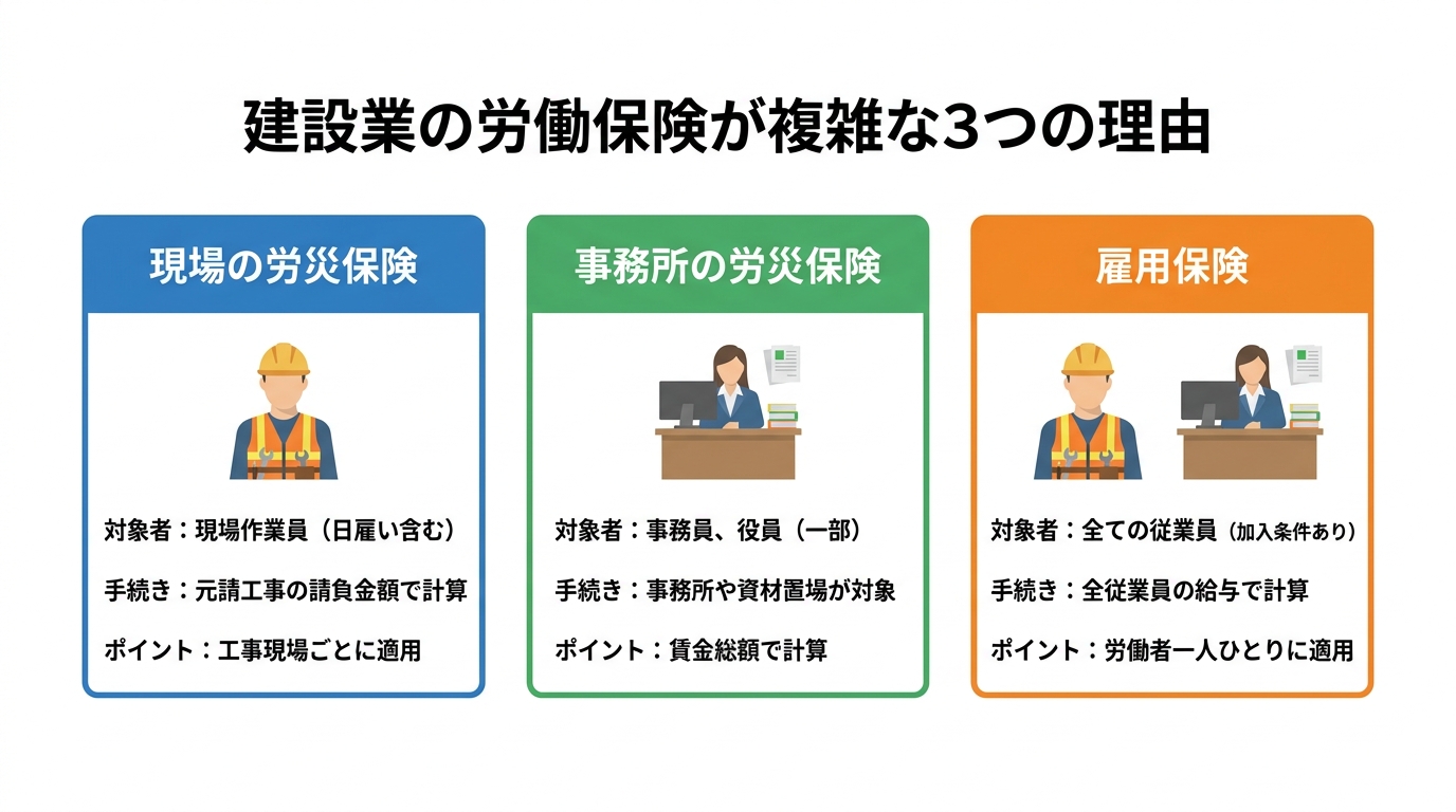 建設業の労働保険の仕組みを図解。現場労災、事務所労災、雇用保険の3つの制度の違いを説明。