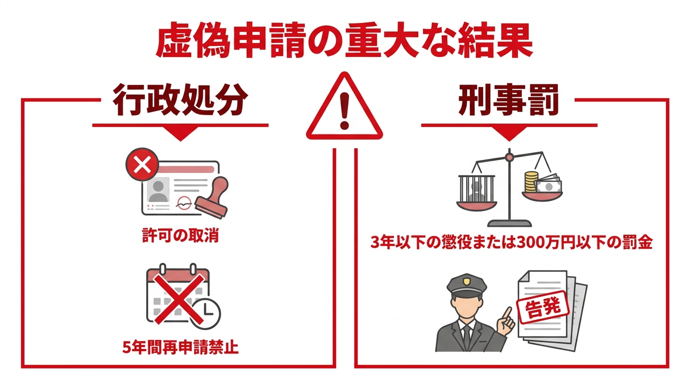 建設業許可の虚偽申請が発覚した場合の2つの末路。「行政処分(許可取消・5年間の再申請禁止)」と「刑事罰(懲役・罰金)」を比較した図解。