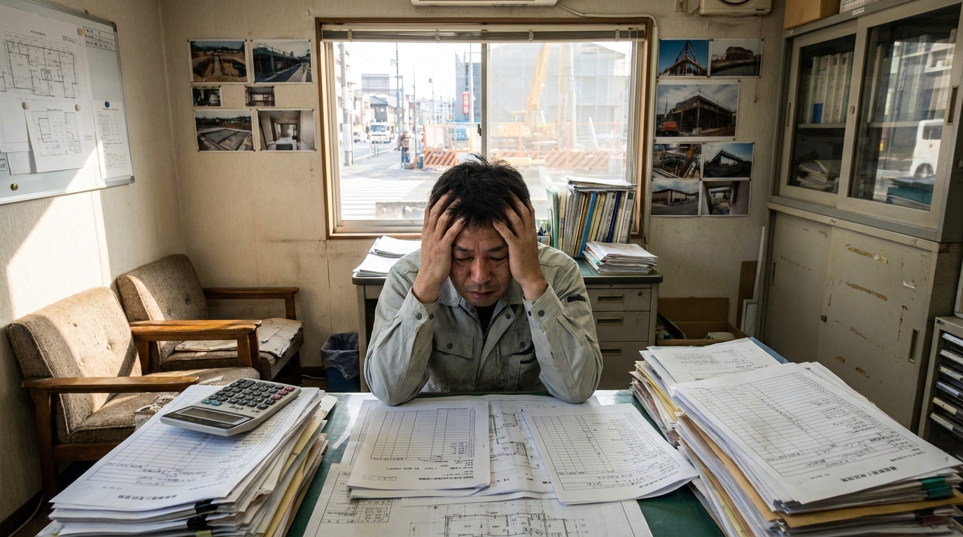 建設業許可の自力申請に悩む経営者。書類の山を前に頭を抱えている。