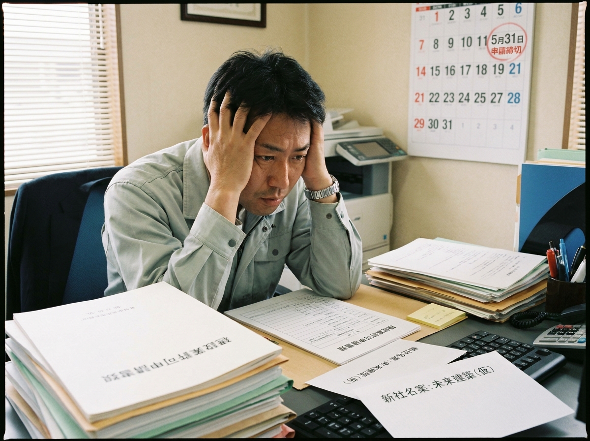 建設業許可の申請中に商号変更を考えて困っている会社の担当者。書類を前に頭を抱えている。