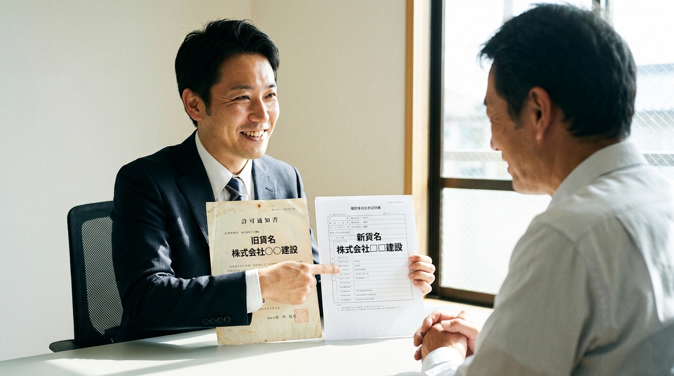 専門家が、旧商号の許可通知書と履歴事項全部証明書をセットで提示することで問題ないことを説明し、相談者が安心している様子。