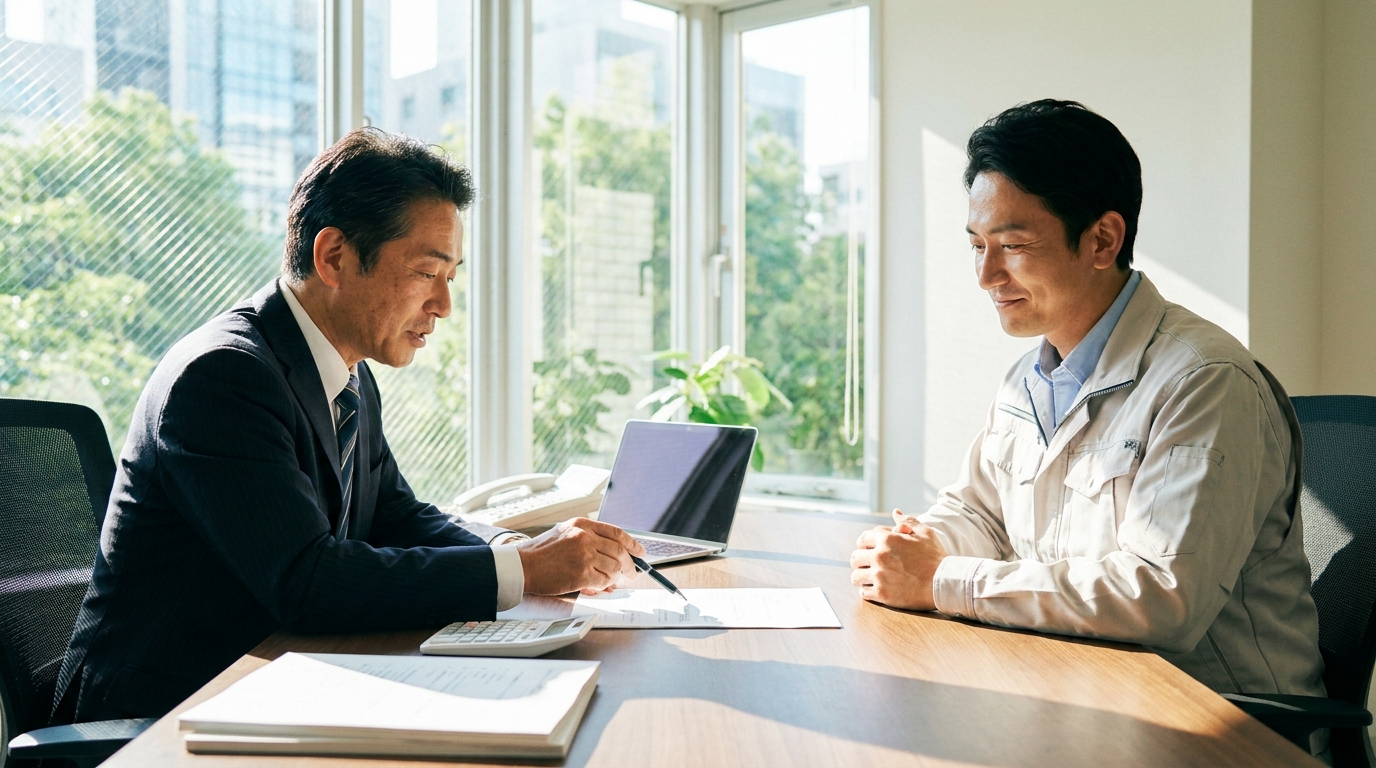 専門家である行政書士に建設業財務諸表の作成について相談し、安心している男性の様子。